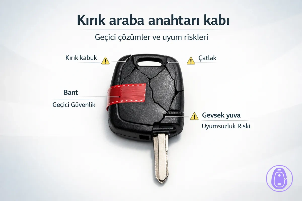 Yaygın kırılma noktalarını ve uyumun neden değişebileceğini gösteren çatlak araba anahtarı kabı illüstrasyonu.