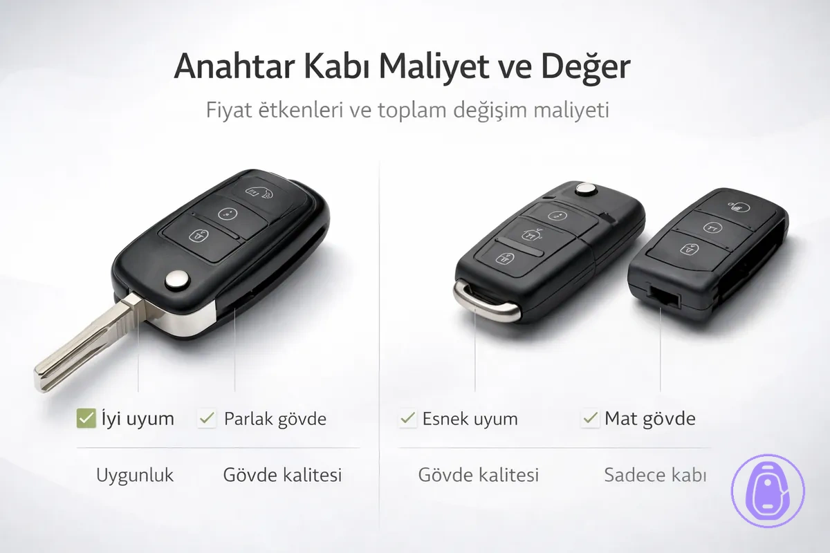 Uyum hassasiyeti ve dayanıklılık gibi değer faktörlerini vurgulayan araba anahtarı kabı maliyet karşılaştırma illüstrasyonu.