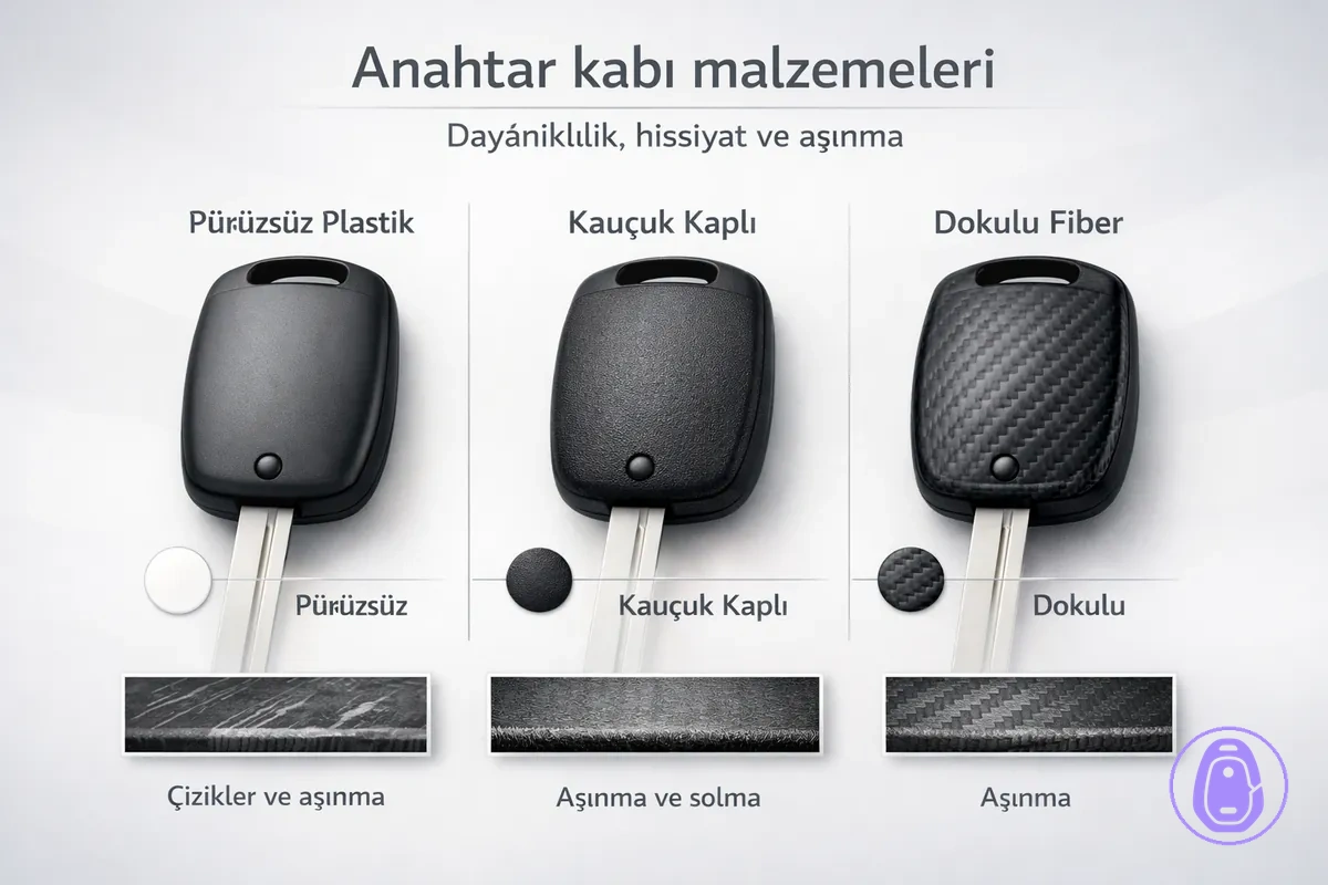 Tutuş ve aşınma açısından araba anahtarı kabı malzemelerini ve yüzey kaplamalarını yakın planda karşılaştıran illüstrasyon.