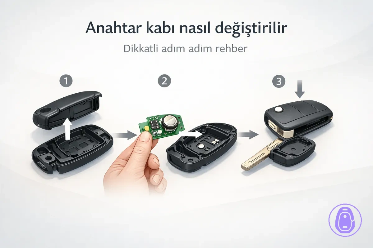 Araba anahtarı kabını açma ve iç parçaları aktardıktan sonra yeniden toplama adımlarını gösteren illüstrasyon.