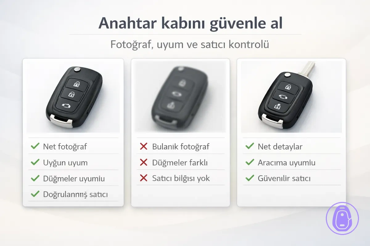 Fotoğraflar ve uyum detaylarına göre doğru araba anahtarı kabını almak için ilan değerlendirme kontrol listesi illüstrasyonu.
