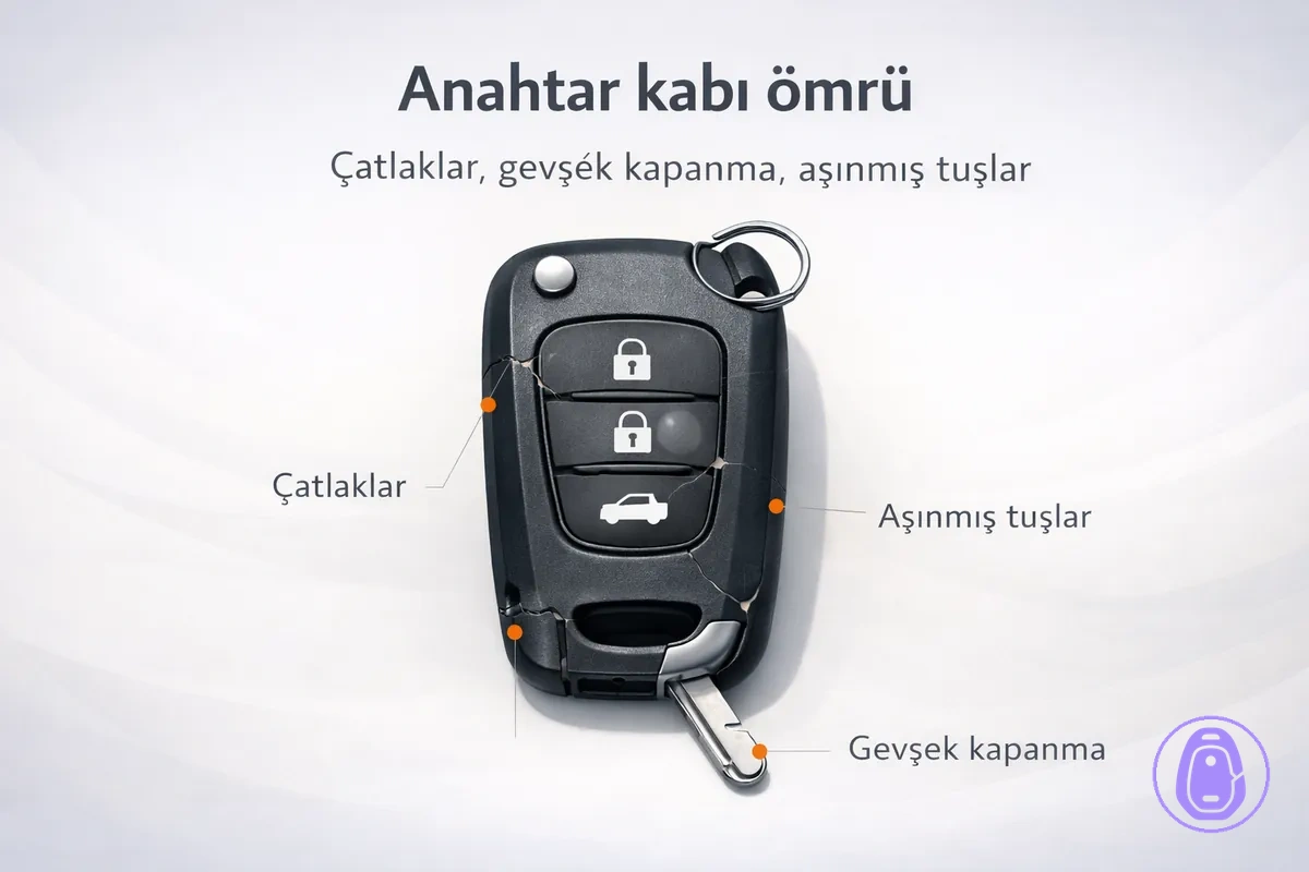 Çatlaklar, gevşek kapanma ve aşınmış tuşlar gibi araba anahtarı kabı yıpranma belirtilerini gösteren illüstrasyon.