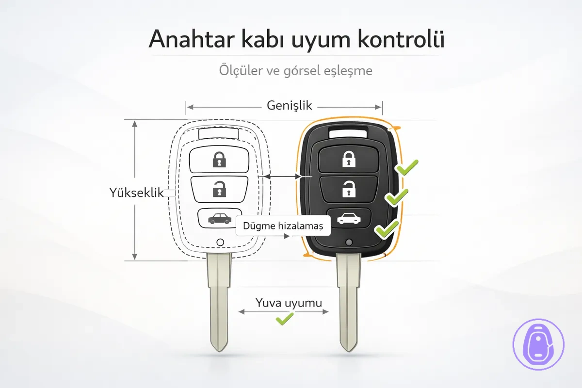 Satın almadan önce araba anahtarı kabı uyumunu doğrulamak için kullanılan ölçüm ve dış hat illüstrasyonu.