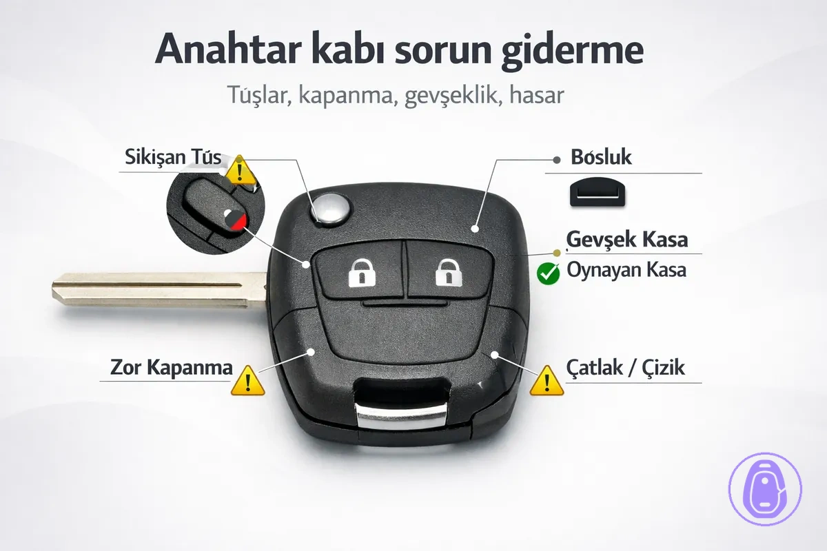 Takılan tuşlar, boşluklar ve gevşek oturma gibi yaygın araba anahtarı kabı sorunlarını gösteren sorun giderme illüstrasyonu.