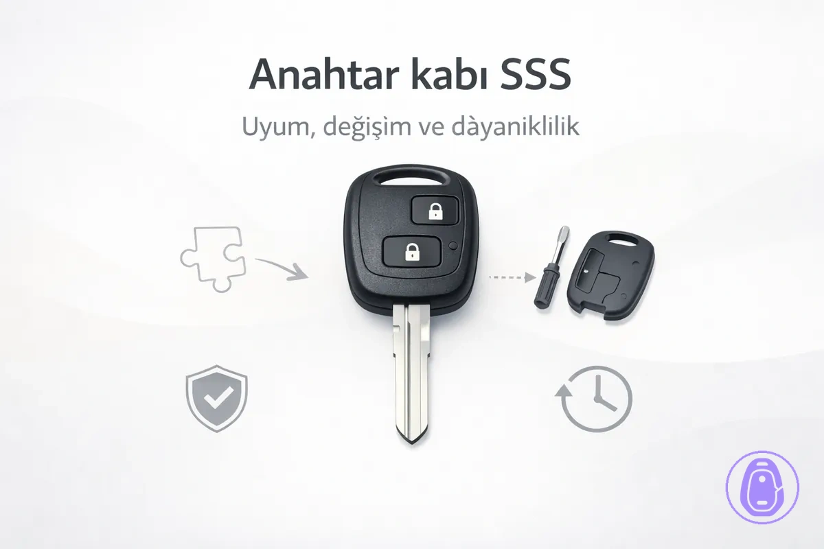 Uyum, değiştirme ve dayanıklılık konularında araba anahtarı kabı soruları için SSS tarzı illüstrasyon.