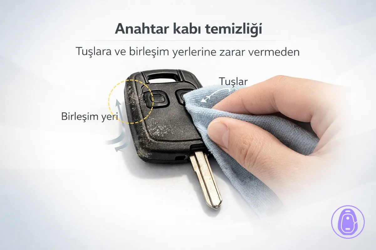 Birleşim yerleri ve tuş bölgesine odaklanan araba anahtarı kabı temizlik illüstrasyonu.
