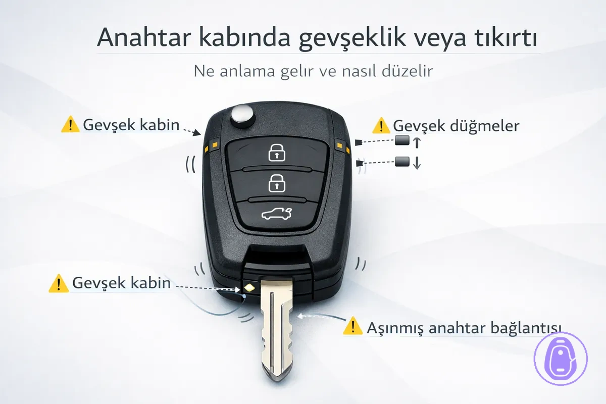 Tıkırtıya neden olabilecek hareket noktalarıyla gevşek bir araba anahtarı kabını gösteren illüstrasyon.