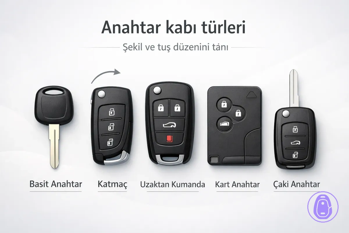 Farklı araba anahtarı kabı form faktörlerini şekil ve tuş yerleşimine göre gösteren illüstrasyon.