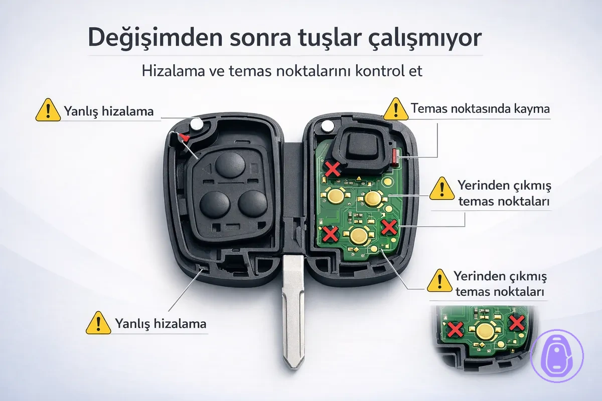 Tepki vermeyen tuşları olan araba anahtarı kabında hizalama ve tuş pedi temas noktalarını gösteren illüstrasyon.