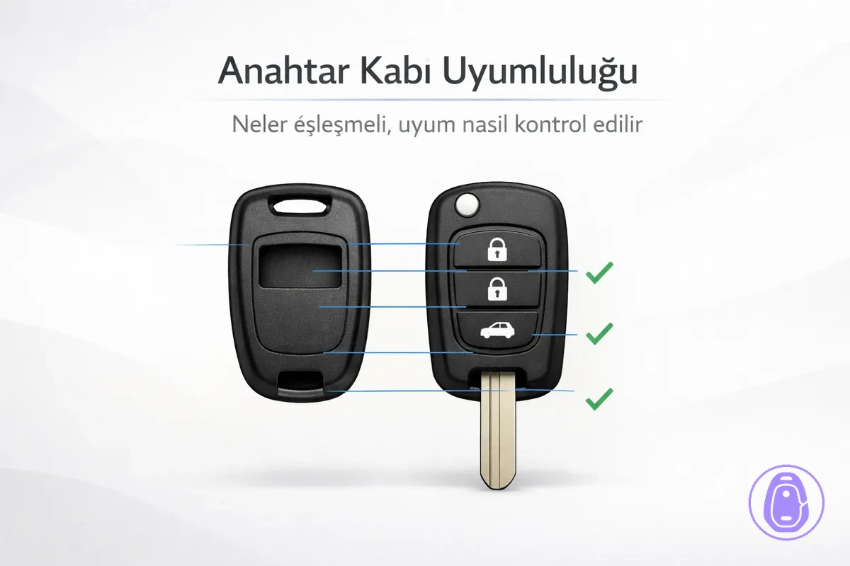 Araba anahtarı kabı uyumluluğu için şekil, tuş yerleşimi ve bıçak bölgesi hizasını gösteren oturma kontrolü illüstrasyonu.