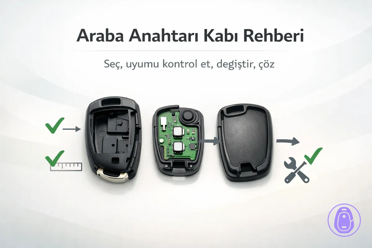Araba anahtarı kabı merkezinde seçim, uyum kontrolü, değiştirme ve sorun giderme başlıklarını özetleyen illüstrasyon.