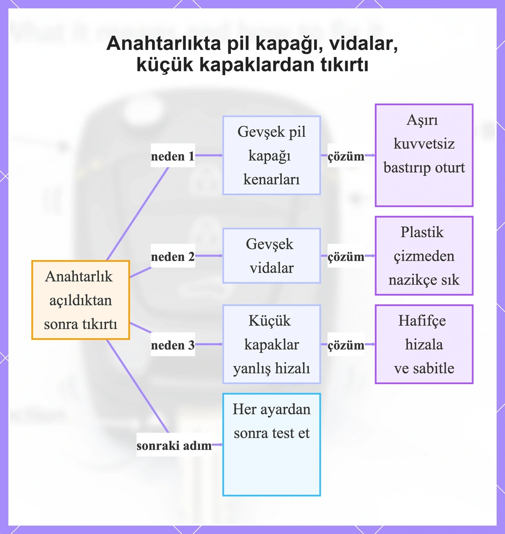Anahtarlıkta pil kapağı, vidalar, küçük kapaklardan tıkırtı
