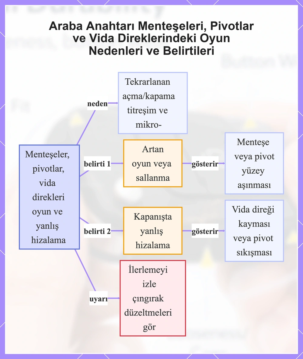 Araba Anahtarı Menteşeleri, Pivotlar ve Vida Direklerindeki Oyun Nedenleri ve Belirtileri