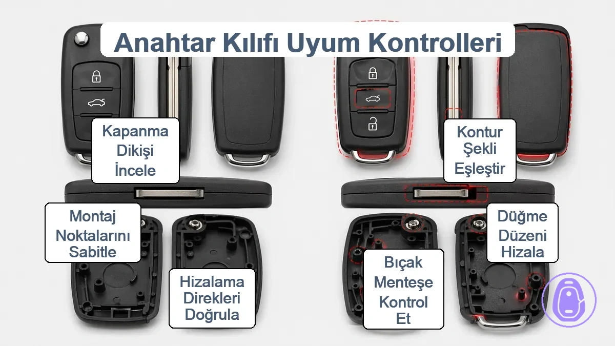 Araba anahtarı kabı için uyum kontrolü illüstrasyonu: kontur şekli, düğme düzeni, bıçak menteşesi ve iç montaj noktalarını gösterir.