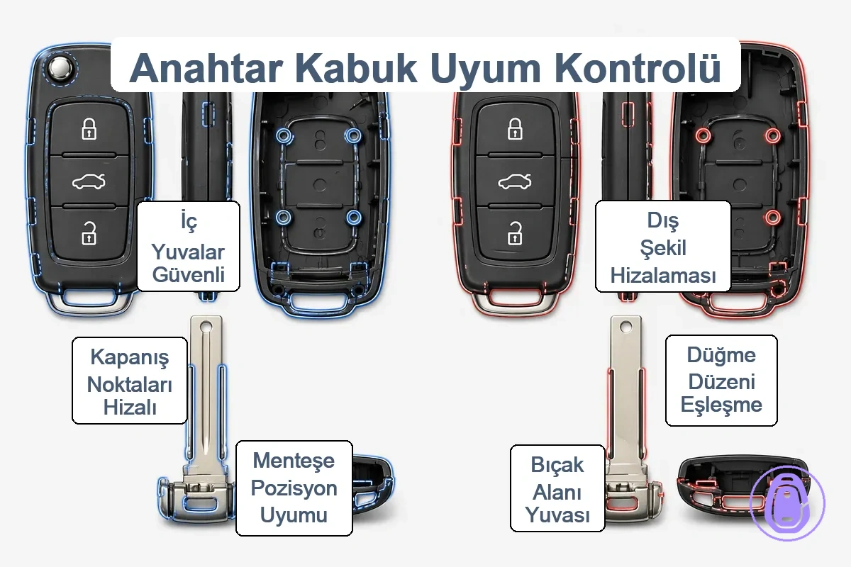 Araba anahtarı kabı uyum kontrolleri illüstrasyonu: dış şekil, düğme düzeni, bıçak alanı ve menteşe hizalamasına odaklanarak.