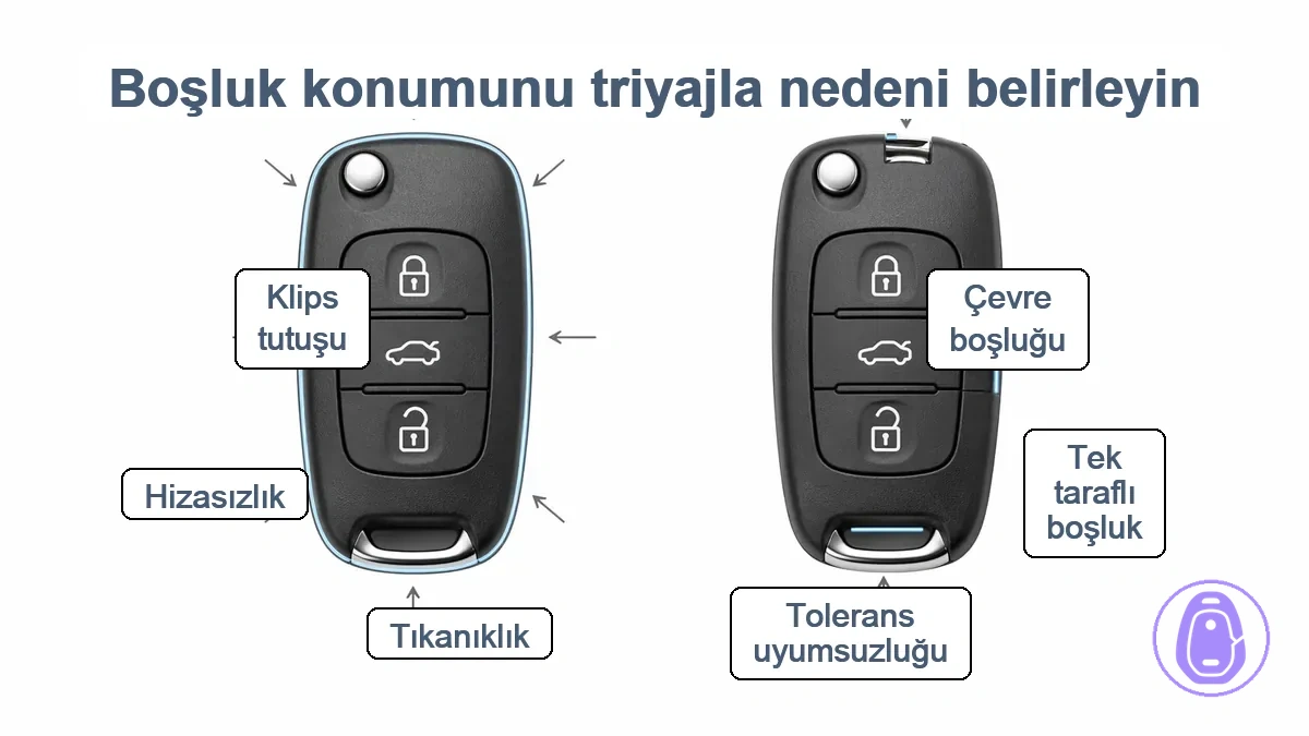 Anahtar kabı şeması, düğmeler, bıçak/menteşe ve anahtarlık ucundaki boşluk bölgelerini, tek taraflı ve tüm çevrede boşluklar için oklarla vurguluyor.