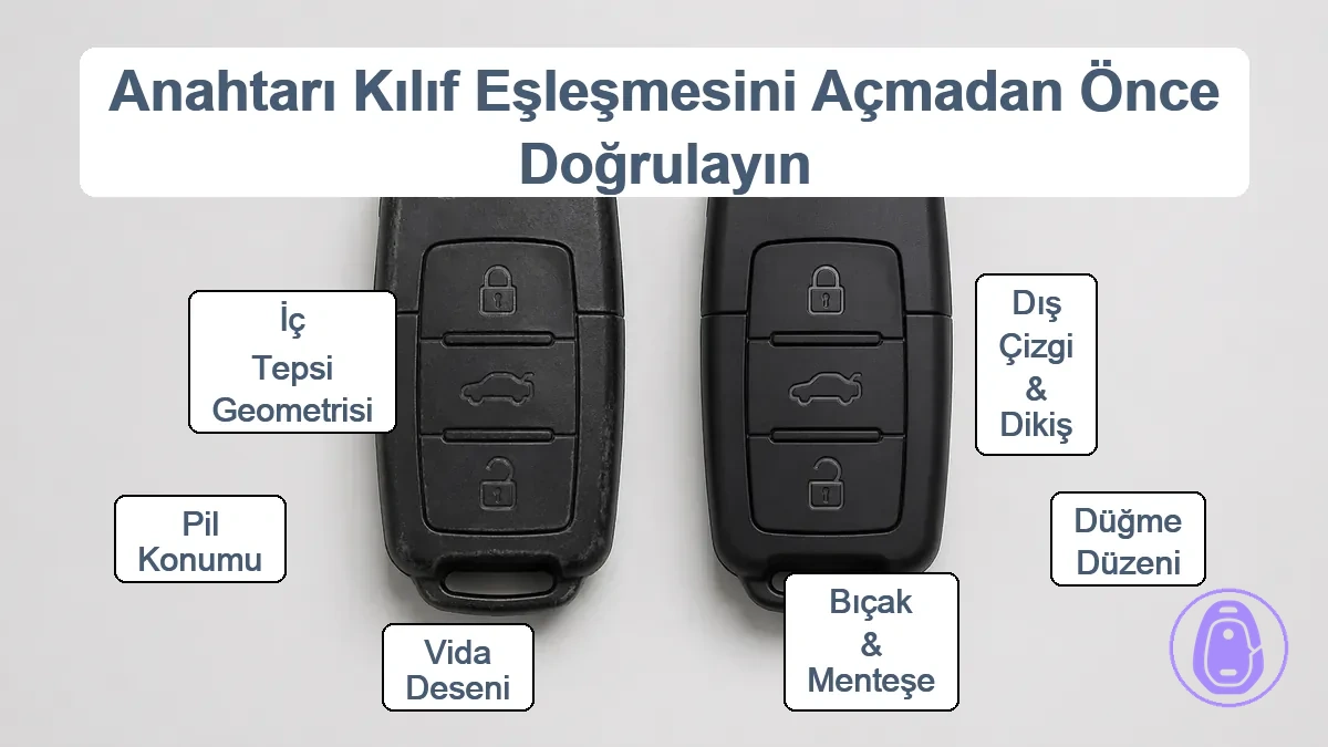 Uyum onayı için araba anahtarı kabı konturu, dikişi, düğmeleri, bıçak alanı ve iç düzen görsel karşılaştırması.