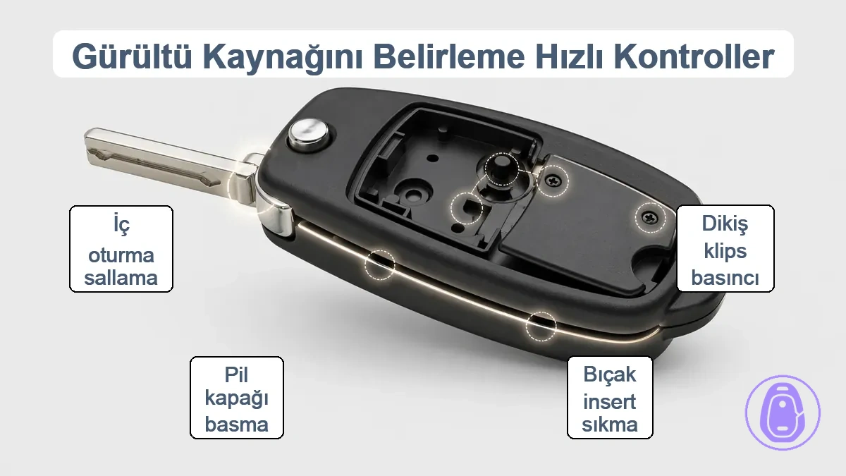 Araba anahtarı kabının dikiş, bıçak alanı, pil kapağı ve iç yerleşim kontrol bölgelerini gösteren diyagram