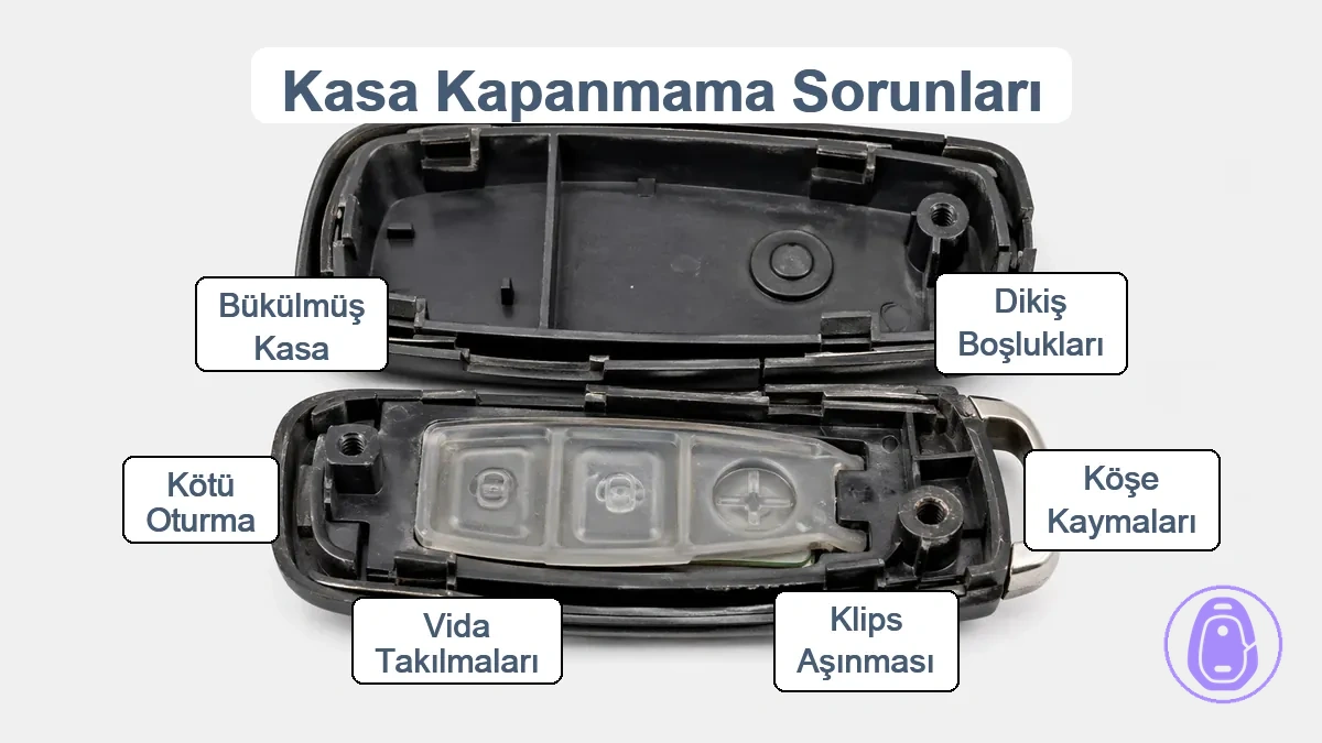 Kapanmayı etkileyen boşluk alanları, klipsler ve vida noktalarını gösteren araba anahtarı kabı dikişi etiketli diyagram.
