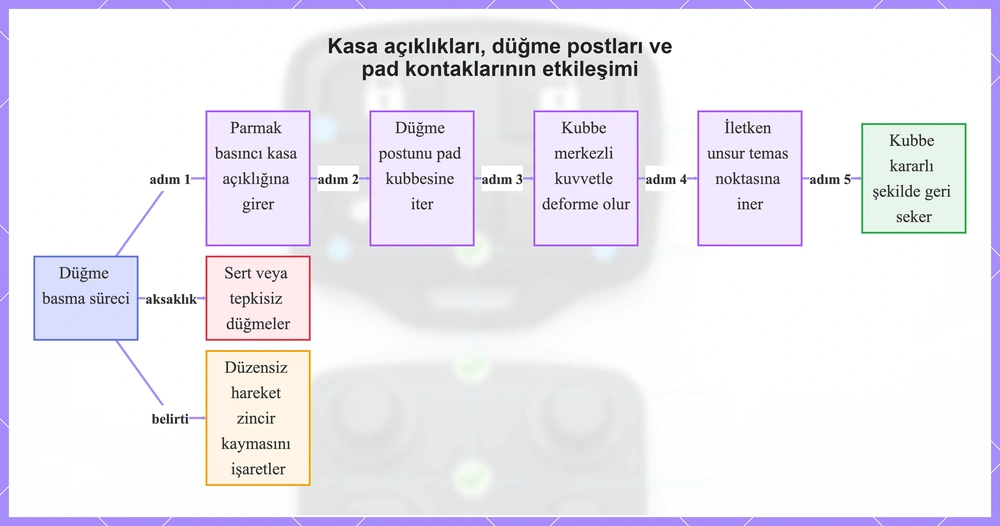 Kasa açıklıkları, düğme postları ve pad kontaklarının etkileşimi