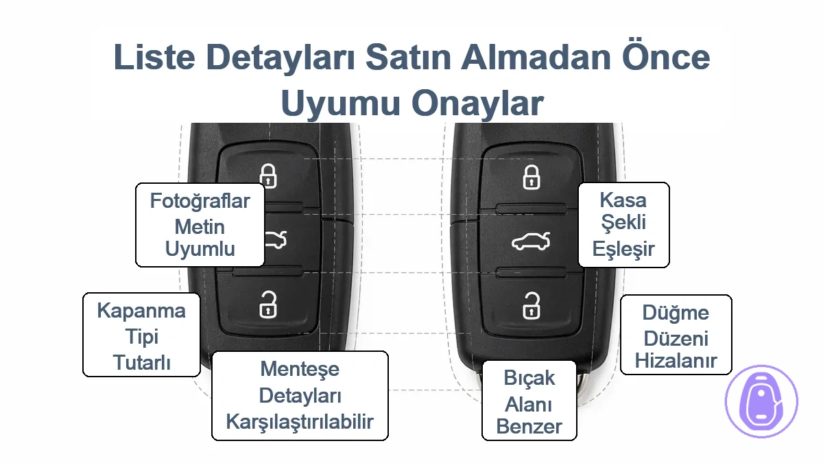 Kasa şekli, düğme düzeni, bıçak alanı, menteşe ve kapama detayları gibi araba anahtarı kabı uyum noktalarının karşılaştırma grafiği