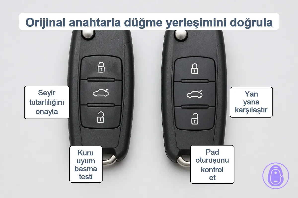 Orijinal araba anahtarı referans olarak kullanılarak tuş yerleşimi ve tuş pedi uyumunu doğrulama