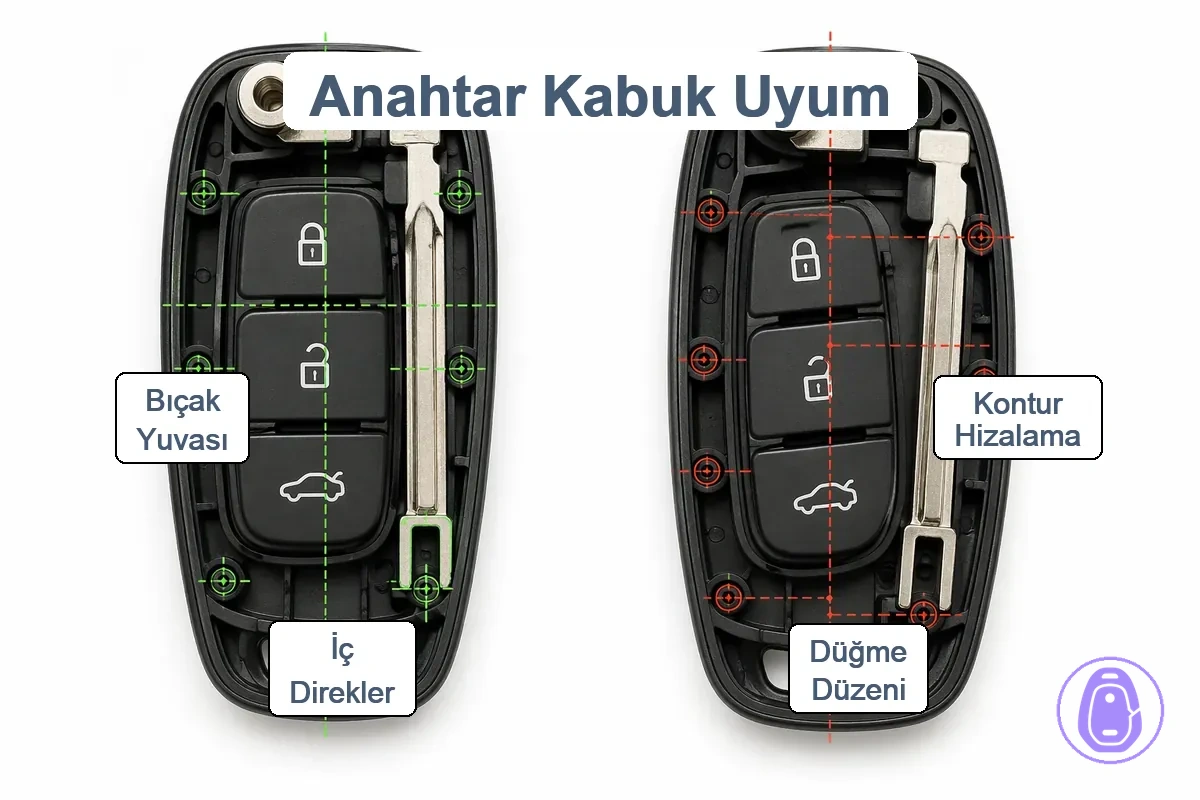 Düğme düzeni ve iç direkler için araba anahtarı kabı uyumluluk kontrolleri.