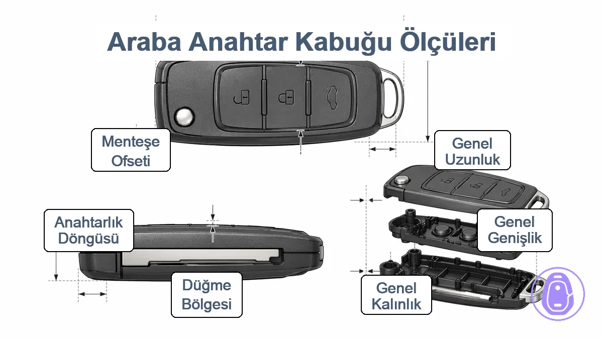 Genel uzunluk, genişlik, kalınlık, düğme bölgesi, anahtarlık halkası ve menteşe sınırı dahil araba anahtarı kabı ölçüm noktaları diyagramı;