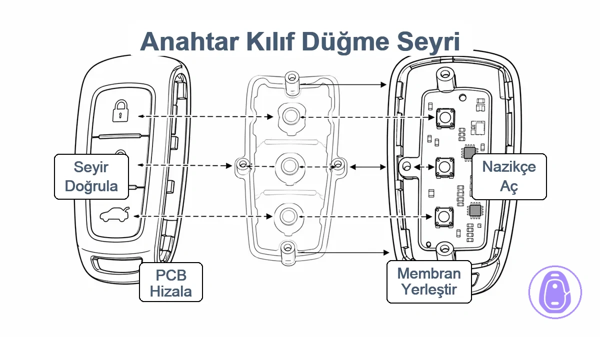 Araba anahtarı kabı yarıklarının, kauçuk membranın, PCB'nin ve hizalama pimlerinin basit hizalama diyagramı; doğru oturumu ve tuş hareket yolunu oklarla gösteren.