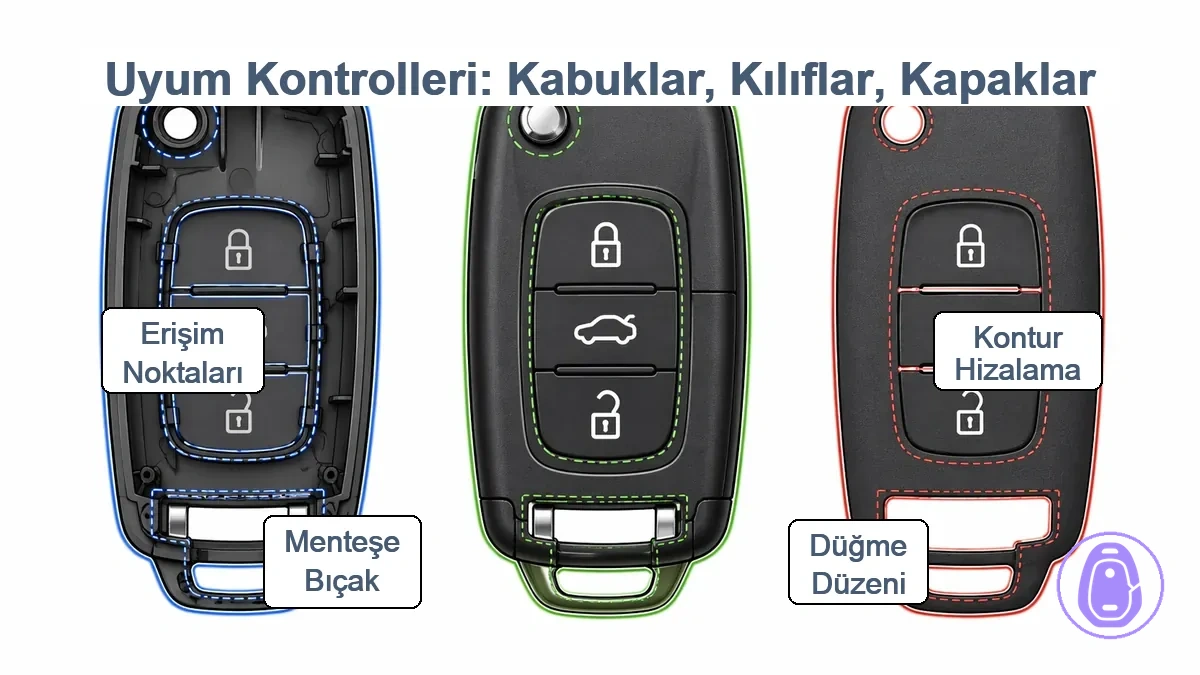 Anahtar kabı konturu, düğme düzeni ve menteşe/bıçak alanını ana uyum kontrol noktaları olarak gösteren etiketli diyagram.