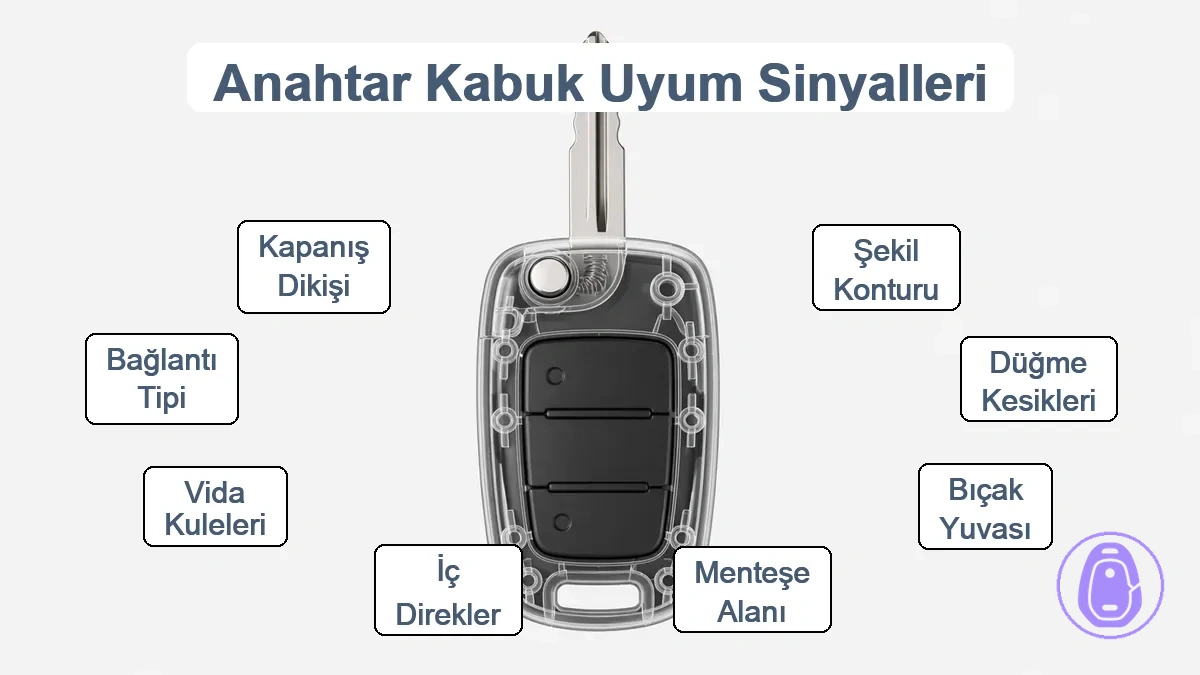 Düğme penceresi hizalaması, bıçak/menteşe alanı ve iç destek konumları genel olarak etiketlenmiş anahtar kabı kontur örtüşmesi gösteren açıklamalı diyagram.