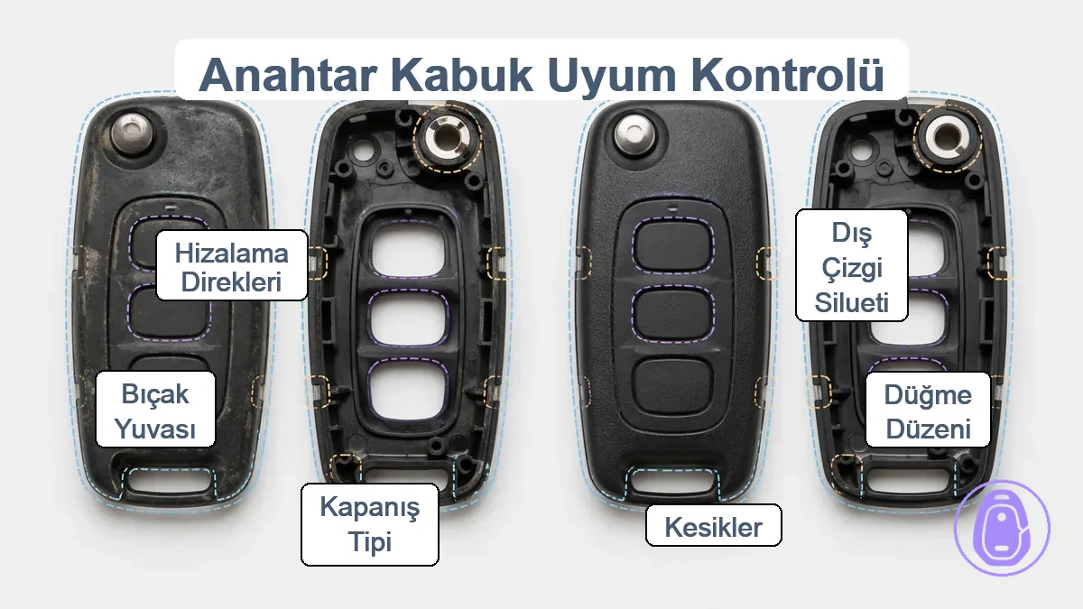 Araba anahtarı kabı kontur eşleşmesi, düğme düzeni aralığı, kesikler ve bıçak/menteşe alanını gösteren etiketli uyum kontrolü grafiği.