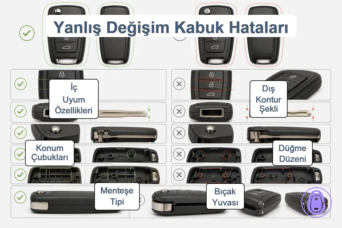 Doğru ve yanlış araba anahtarı kabı uyum noktalarını karşılaştıran grafik: tuş düzeni ve menteşe alanı dahil.