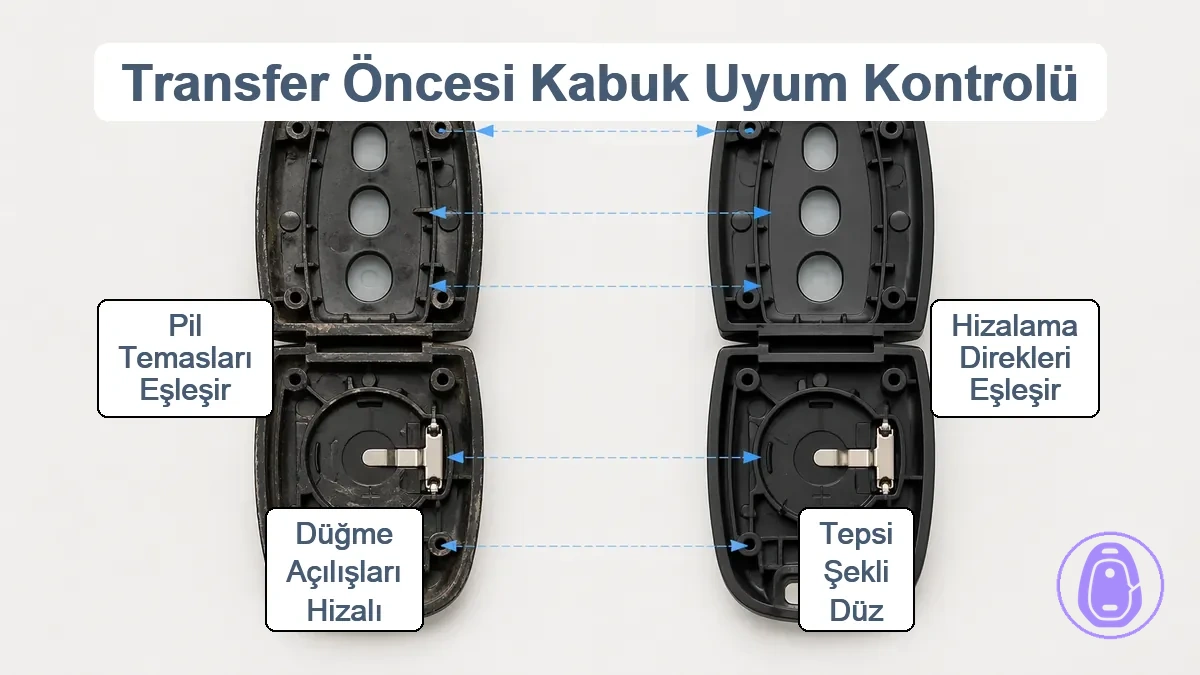 İki araba anahtarı kabının yakın çekim illüstrasyonu; hizalama direkleri, tuş delikleri ve pil kontaklarını oklarla zorunlu uyum alanlarını gösteriyor.