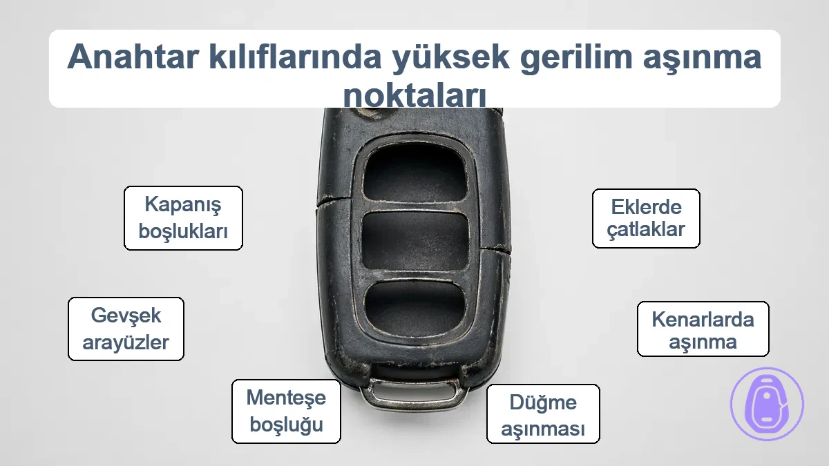 Dikiş, menteşe ve düğme aşınma noktalarını vurgulayan işaretlenmiş araba anahtarı kabı.